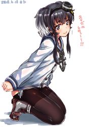 Rule 34 | 1girl, anchor, bad id, bad pixiv id, black hair, black pantyhose, blue sailor collar, blush, brown eyes, dated, flat chest, graphite (medium), grey hair, hairband, hat, headgear, high heels, highres, kantai collection, kneeling, looking at viewer, looking to the side, lowleg, lowleg pantyhose, mechanical pencil, neckerchief, panties, pantyhose, pencil, red footwear, rudder footwear, sailor collar, seamed legwear, shirt, short hair, short hair with long locks, side-seamed legwear, side-tie panties, sidelocks, solo, text focus, thick eyebrows, tied shirt, tokitsukaze (kancolle), traditional media, two side up, underwear, yufuissei0702