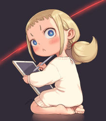 Rule 34 | 1girl, bare legs, barefoot, black background, blonde hair, blue eyes, blush, child, from side, kozato (yu kozato), long hair, long sleeves, looking at viewer, original, reflection, sitting, solo, stylus, sweater, tablet pc, twintails, white sweater