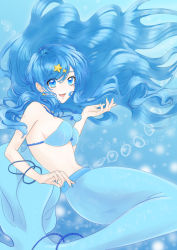 Rule 34 | 1girl, absurdres, blue background, blue eyes, blue hair, blue nails, bracelet, breasts, bubble, curly hair, earrings, fins, fish tail, floating, floating hair, hair between eyes, hair ornament, hifumi (toma10), highres, houshou hanon, in water, jellyfish, jewelry, long hair, looking at viewer, mermaid, mermaid melody pichi pichi pitch, monster girl, nail polish, necklace, ocean, open mouth, pearl bracelet, pearl necklace, shell, shell bikini, smile, solo, star (symbol), star earrings, star hair ornament, tail, underwater, waves