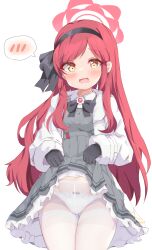 Rule 34 | 1girl, absurdres, black gloves, blue archive, blush, coat, cong yu zhi xing, dress, gloves, grey dress, hair ribbon, hairband, halo, highres, long hair, looking at viewer, panties, pantyhose, red eyes, red halo, ribbon, simple background, solo, takane (blue archive), underwear, white background, white coat, white panties, white pantyhose, yellow eyes
