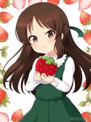 Rule 34 | 1girl, brown eyes, brown hair, closed mouth, collared shirt, commentary request, dress, food, frilled shirt collar, frills, fruit, green dress, hands up, highres, holding, idolmaster, idolmaster cinderella girls, long hair, long sleeves, looking at viewer, mitya, parted bangs, shirt, simple background, sleeveless, sleeveless dress, smile, solo, strawberry, tachibana arisu, twitter username, very long hair, white background, white shirt