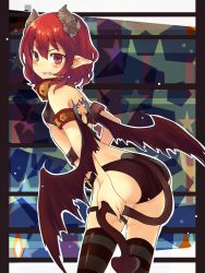 Rule 34 | 1girl, aki (mare desiderii), demon girl, demon tail, demon wings, fang, flat chest, grin, horns, original, pointy ears, red eyes, red hair, short hair, smile, solo, striped clothes, striped thighhighs, tail, thighhighs, wings