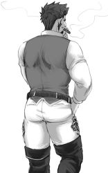 Rule 34 | 1boy, ass, back, bara, beard, biceps, boots, bunkichi (bun005), facial hair, fate/grand order, fate (series), greyscale, hand in pocket, long sideburns, long sleeves, male focus, military, monochrome, muscular, napoleon bonaparte (fate), pants, smile, smoke, smoking, solo, thighs, white background