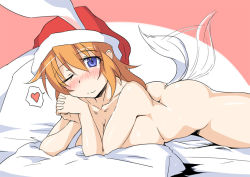 Rule 34 | 1girl, bad id, bad pixiv id, blue eyes, blush, breasts, charlotte e. yeager, hat, heart, kuronyan, large breasts, long hair, looking at viewer, lying, nude, one eye closed, orange hair, rabbit girl, rabbit tail, santa hat, solo, strike witches, tail, tail wagging, wink, world witches series