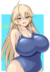 Rule 34 | 1girl, ahoge, arms behind back, blonde hair, blue eyes, blue one-piece swimsuit, blush, breasts, cleavage, competition swimsuit, covered navel, curvy, hair between eyes, highres, huge breasts, impossible clothes, impossible swimsuit, iowa (kancolle), kantai collection, long hair, looking at viewer, montemasa, one-piece swimsuit, open mouth, solo, standing, star-shaped pupils, star (symbol), swimsuit, symbol-shaped pupils, wide hips
