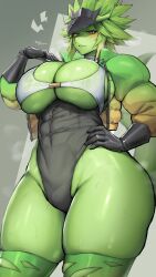Rule 34 | 1girl, absurdres, animal ears, animal nose, black gloves, black leotard, breasts, cleavage, colored skin, commentary request, furry, furry female, gloves, green hair, green jacket, green skin, green sleeves, hand on own hip, highleg, highleg leotard, highres, jacket, large breasts, leotard, long sleeves, looking at viewer, open clothes, open jacket, original, short hair, solo, standing, suurin (ksyaro), sweat, tail, thick thighs, thighs, twitter username, visor cap
