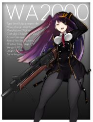 Rule 34 | 1girl, black gloves, black pantyhose, blazer, breasts, bullpup, english text, girls&#039; frontline, gloves, gun, hair ribbon, holding, holding weapon, jacket, long hair, necktie, pantyhose, red eyes, red hair, red necktie, ribbon, rifle, side ponytail, sniper rifle, solo, toiro (mononz3), wa2000 (girls&#039; frontline), walther, walther wa 2000, weapon