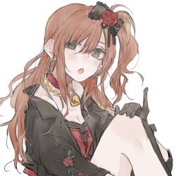 Rule 34 | bang dream!, breasts, brown hair, chain, chain necklace, choker, cleavage, earrings, flower, green eyes, hair flower, hair ornament, hair ribbon, halterneck, imai lisa, jacket, jewelry, looking at viewer, necklace, open mouth, pendant, ponytail, ribbon, simple background, solo, tsukihanayn, white background