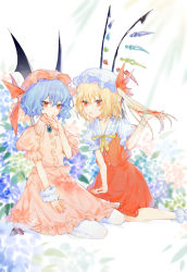 Rule 34 | 2girls, bat wings, black footwear, blood, blood in hair, blood on hands, blue hair, blush, brooch, buttons, collared shirt, commentary, crystal, finger in own mouth, flandre scarlet, frilled shirt collar, frilled skirt, frilled sleeves, frills, hair between eyes, hat, hat ribbon, highres, jewelry, long hair, looking at viewer, mob cap, multiple girls, one side up, pantyhose, parted lips, pink headwear, pink shirt, pink skirt, puffy short sleeves, puffy sleeves, red eyes, red ribbon, red skirt, red vest, remilia scarlet, ribbon, shirt, shoes, short sleeves, siblings, sisters, sitting, skirt, socks, tian (my dear), touhou, vest, white headwear, white pantyhose, white shirt, white socks, wings, wrist cuffs, yellow ribbon