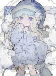Rule 34 | 1girl, @ @, bandaid, bandaid on cheek, bandaid on face, bandaid on knee, bandaid on leg, blonde hair, blue hat, blue jacket, bow, buttons, commentary, english commentary, feet out of frame, flower, frilled jacket, frilled pillow, frills, gauze, gauze on leg, hair flower, hair ornament, hand to own mouth, hand up, hat, highres, holding, holding pillow, jacket, long hair, long sleeves, looking at viewer, nightcap, original, outside border, pajamas, parted lips, pillow, plant, purple eyes, sleep mask, sleeves past wrists, solo, soresaki, uneven eyes, vines, wavy hair, white bow, white flower