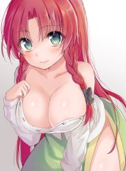 Rule 34 | 1girl, asa (coco), blush, bow, braid, breasts, cleavage, collarbone, gradient background, green eyes, hair bow, hair ornament, hong meiling, large breasts, long hair, long sleeves, looking at viewer, no headwear, off shoulder, red hair, shirt, skirt, smile, solo, touhou, twin braids, unbuttoned