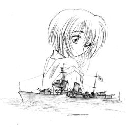 Rule 34 | 1girl, ayanami rei, destroyer, greyscale, imperial japanese navy, military, military vehicle, monochrome, name connection, neon genesis evangelion, object namesake, ship, solo, warship, watercraft, world war ii