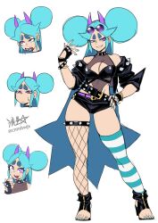 Rule 34 | 1girl, belt, black gloves, black hairband, black jacket, blue hair, blue nails, bracelet, breasts, cleavage, closed mouth, collar, commentary, covered navel, double bun, evil grin, evil smile, feet, finger to mouth, fingerless gloves, fishnets, gloves, grin, hair bun, hairband, hand on own hip, high heels, highleg, highres, horns, jacket, jewelry, large breasts, leotard, long hair, multiple belts, multiple views, open mouth, original, purple eyes, purple horns, ryuusei (mark ii), sandals, shaded face, sharp teeth, shoulder spikes, shrimball (ryuusei (mark ii)), signature, smile, solo, spiked collar, spikes, strapless, strapless leotard, striped clothes, striped thighhighs, sweat, sweatdrop, teeth, thick eyebrows, thigh strap, thighhighs, thighs, toes, twitter username, very long hair, white background