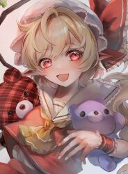 Rule 34 | 1girl, absurdres, ascot, blonde hair, blush, fang, flandre scarlet, hat, hibiya saeki, highres, long hair, looking at viewer, mob cap, open mouth, pointy ears, red eyes, red skirt, red vest, simple background, skirt, smile, solo, stuffed animal, stuffed toy, teddy bear, touhou, upper body, vest, white background, white hat, wrist cuffs, yellow ascot