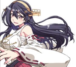Rule 34 | 1girl, black hair, detached sleeves, gold hairband, hair ornament, hairband, hairclip, haruna (kancolle), headgear, kantai collection, long hair, nontraditional miko, red eyes, red skirt, ribbon-trimmed sleeves, ribbon trim, sarashi, simple background, skirt, smile, solo, takana shinno, upper body, white background