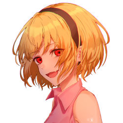 Rule 34 | 1girl, :d, bare shoulders, black hairband, blonde hair, collared shirt, commentary request, fang, hairband, happy, highres, higurashi no naku koro ni, houjou satoko, looking at viewer, open mouth, pink shirt, portrait, red eyes, seina1211, shirt, short hair, signature, simple background, skin fang, smile, solo, spoilers, white background