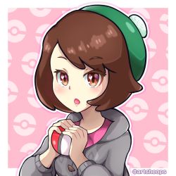 Rule 34 | 1girl, artsheops, beret, brown eyes, brown hair, creatures (company), game freak, gloria (pokemon), green hat, hair between eyes, hat, heart, heart-shaped pupils, matching hair/eyes, nintendo, open mouth, poke ball, poke ball (basic), pokemon, pokemon swsh, shirt, short hair, simple background, solo, sweater, symbol-shaped pupils