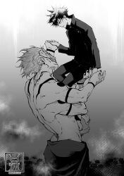 Rule 34 | 2boys, abs, arm tattoo, back tattoo, black nails, carrying, chest tattoo, commentary request, extra arms, extra eyes, extra mouth, facial tattoo, feet, fushiguro megumi, height difference, highres, holding hands, jacket, jujutsu kaisen, lifting person, long sleeves, looking at another, male focus, multiple boys, muscular, muscular male, nail polish, open mouth, pants, ryoumen sukuna (jujutsu kaisen), ryoumen sukuna (true form) (jujutsu kaisen), school uniform, short hair, shoulder tattoo, size difference, skirt, spiked hair, stirrup legwear, stomach, tattoo, toeless legwear, toes, tongue, tongue out, topless male, twitter username, yaoi, youjo (kurukuru9696)