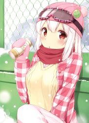 Rule 34 | 1girl, aran sweater, beanie, blunt bangs, blush, cable knit, can, chain-link fence, commentary request, day, fence, goggles, hair between eyes, hat, highres, jacket, karutamo, long hair, long sleeves, looking at viewer, mittens, original, outdoors, pink hat, plaid, plaid jacket, pom pom (clothes), red eyes, red scarf, scarf, sitting, ski goggles, snow, snowing, solo, sweater, tisshu (karutamo), white hair, winter clothes, yellow sweater