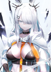 Rule 34 | 1girl, absurdres, animal ears, arknights, between breasts, black choker, breasts, choker, frostnova (arknights), grey eyes, hair ornament, hair over one eye, hairclip, haowei wu, highres, large breasts, long hair, looking at viewer, rabbit ears, scar, scar on face, scar on nose, silver hair, solo, sword, upper body, weapon