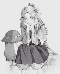 Rule 34 | 1girl, braid, brick wall, closed mouth, dotesper, dungeon meshi, elf, feet out of frame, french braid, grey background, greyscale, head on hand, highres, long hair, long sleeves, looking at viewer, marcille donato, monochrome, mushroom, parted bangs, pointy ears, ponytail, puffy pants, robe, sitting, sitting on wall, twitter username