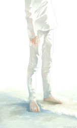 Rule 34 | 1boy, barefoot, beach, gradient background, head out of frame, highres, male focus, original, pants, re degrees (red flagship), sand, shirt, solo, water, watermark, web address, white background, white pants, white shirt