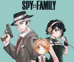 Rule 34 | 1boy, 2girls, anya (spy x family), anya (spy x family) (cosplay), aqua background, black hair, brawlhalla, breasts, bright pupils, commentary, cosplay, cringywoomy, cross (brawlhalla), diana (brawlhalla), earrings, eden academy school uniform, english commentary, english text, family, flower, formal, fox girl, green eyes, grey eyes, grey pupils, gun, hair flower, hair ornament, hairband, hand up, handgun, hat, highres, holding, holding gun, holding weapon, jewelry, kunai, logo, logo parody, looking afar, looking at viewer, medium breasts, messy hair, multiple girls, necktie, orange hair, pistol, popped collar, red hair, red tie, rose, school uniform, shiny clothes, simple background, sleeves rolled up, smile, spy x family, standing, suit, twilight (spy x family), twilight (spy x family) (cosplay), upper body, weapon, white hair, yor briar, yor briar (cosplay), yumiko (brawlhalla)