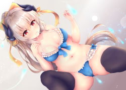 Rule 34 | 1girl, bare arms, bare shoulders, bikini, blue bikini, blush, bow, bow bikini, breasts, cameltoe, closed mouth, collarbone, dragon girl, dragon horns, dutch angle, endsmall min, fate/grand order, fate (series), fingernails, groin, hair between eyes, hair bow, hands up, high ponytail, highres, horns, kiyohime (fate), kiyohime (swimsuit lancer) (third ascension) (fate), light brown hair, long hair, looking at viewer, medium breasts, mouth hold, navel, ponytail, red eyes, sitting, solo, swimsuit, very long hair, yellow bow