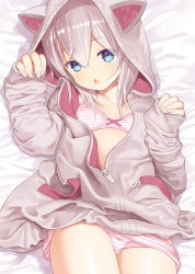 Rule 34 | 1girl, animal ears, animal hood, bed sheet, blue eyes, bow, bow bra, bra, breasts, capriccio, cat hood, collarbone, commentary request, fake animal ears, grey hair, grey jacket, hair between eyes, hands up, hood, hood up, hooded jacket, jacket, long sleeves, looking at viewer, lying, on back, open mouth, original, panties, panty pull, sleeves past wrists, small breasts, solo, striped bra, striped clothes, striped panties, underwear