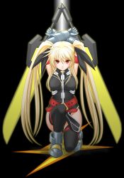 Rule 34 | 00s, 1girl, bardiche (nanoha), bardiche (riot zanber stinger) (nanoha), belt, breasts, dual wielding, energy sword, fate testarossa, fate testarossa (true sonic form), female focus, full body, gauntlets, gradient background, hair ribbon, holding, long hair, lyrical nanoha, mahou shoujo lyrical nanoha, mahou shoujo lyrical nanoha strikers, on one knee, red eyes, ribbon, solo, sword, t2r, thighhighs, twintails, weapon
