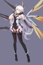 Rule 34 | 1girl, :d, asymmetrical gloves, bare shoulders, black footwear, black gloves, boots, breasts, cleavage, full body, gloves, grey background, hair ornament, hair over one eye, honkai (series), honkai impact 3rd, kiana kaslana, kiana kaslana (herrscher of the void), long hair, looking at viewer, mismatched gloves, open mouth, simple background, smile, solo, thigh boots, thighhighs, very long hair, white gloves, white hair, wings, yelan xing xuan, yellow eyes