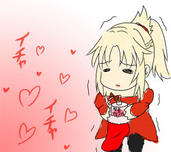 Rule 34 | 1girl, blonde hair, bow, chibi, fate/apocrypha, fate/grand order, fate (series), gradient background, hasebe akira, heart, holding, long sleeves, mordred (fate), mordred (fate/apocrypha), nib pen (medium), no nose, open mouth, pink background, ponytail, sketch, striped, striped bow, traditional media, trembling