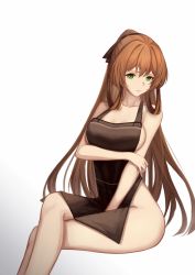Rule 34 | 1girl, add leir, alternate costume, apron, bare shoulders, breasts, brown apron, brown ribbon, chinese commentary, closed mouth, collarbone, commentary, crossed arms, crossed legs, english commentary, feet out of frame, girls&#039; frontline, green eyes, hair ornament, hair ribbon, hand on arm, highres, legs, lips, long hair, looking at viewer, medium breasts, orange hair, ribbon, sitting, solo, springfield (girls&#039; frontline), thighs, white background