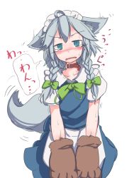 Rule 34 | 1girl, ahoge, animal ears, animal hands, blue eyes, blush, bow, bowtie, braid, collar, commentary request, cowboy shot, dog ears, dog tail, furorina, gloves, green bow, green bowtie, grey hair, hair bow, inu sakuya (nejikirio), izayoi sakuya, kemonomimi mode, looking at viewer, maid, maid headdress, nose blush, open mouth, paw gloves, short hair with long locks, short sleeves, side braid, simple background, solo, speech bubble, sweat, tail, tears, touhou, twin braids, white background
