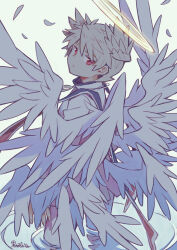 1boy blonde_hair closed_mouth feet_out_of_frame hair_wings halo highres jewelry kuro_nezumi_inu looking_at_viewer looking_back male_focus michael_(housamo) multiple_wings pendant ripples short_hair signature simple_background solo stole tokyo_houkago_summoners wading white_background wings