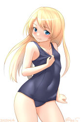 Rule 34 | 1girl, alternate costume, blonde hair, blue eyes, blush, cowboy shot, embarrassed, jervis (kancolle), kantai collection, long hair, looking at viewer, ray.s, school swimsuit, simple background, solo, swimsuit, white background