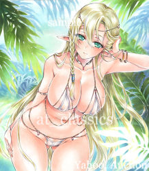 Rule 34 | 1girl, aqua eyes, arm up, artist name, at classics, bikini, blonde hair, blush, bracelet, braid, breasts, cameltoe, closed mouth, collarbone, covered erect nipples, cowboy shot, elf, gluteal fold, groin, hair between eyes, hair tubes, hand on own thigh, jewelry, large breasts, leaning forward, long hair, looking at viewer, navel, necklace, original, pointy ears, sample watermark, side braid, single braid, smile, solo, stomach, swimsuit, traditional media, very long hair, watermark