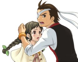 Rule 34 | 1boy, 1girl, :o, ace attorney, apollo justice, bandage over one eye, benihi, blush, bracelet, braid, brown eyes, brown hair, jewelry, juniper woods, long hair, open mouth, phoenix wright: ace attorney - dual destinies, shawl, sweat, transparent background, white background