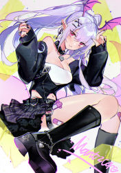 Rule 34 | 1girl, absurdres, arknights, bandaid, bandaid on leg, bare shoulders, black choker, black footwear, black jacket, boots, breasts, character name, choker, cleavage, commentary request, hair ornament, hairclip, head wings, highres, jacket, knee boots, large breasts, long hair, looking at viewer, luuuo (luuuo0102), manticore (arknights), medium breasts, navel, off shoulder, parted lips, pink eyes, pointy ears, purple hair, purple skirt, skirt, solo, strapless, thighs, tube top, twintails, wings