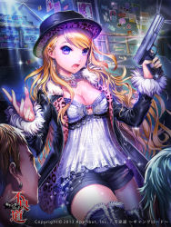 Rule 34 | 10s, 1girl, 2013, 2boys, animal print, blonde hair, boots, breasts, cleavage, earrings, esphy, fur trim, furyou michi ~gang road~, gem, gun, handgun, hat, jacket, jewelry, leopard print, long hair, medium breasts, multiple boys, necklace, official art, open mouth, original, purple eyes, shorts, solo focus, thigh boots, thighhighs, wavy hair, weapon