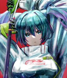 Rule 34 | 1girl, absurdres, aqua eyes, aqua hair, arms up, black gloves, breasts, commentary, gloves, goodsmile company, goodsmile racing, green gloves, hair ornament, hatsune miku, highres, holding, holding pole, jacket, looking at viewer, maison de cante, medium breasts, pole, race queen, racing miku, racing miku (2022), red background, simple background, solo, twintails, two-tone gloves, upper body, vocaloid, white jacket