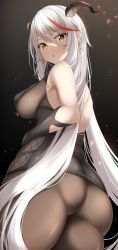 Rule 34 | 1girl, :o, absurdres, aegir (azur lane), ass, azur lane, black dress, black thighhighs, bodystocking, breasts, brown eyes, curvy, dress, earrings, foreshortening, from behind, hand on own hip, highres, horns, jewelry, large breasts, legs together, lomocya, long hair, looking at viewer, looking back, red hair, sideboob, solo, thick thighs, thighhighs, thighs, white hair