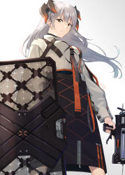 Rule 34 | 1girl, arknights, black skirt, commentary request, dragon horns, feet out of frame, frown, gun, hair between eyes, highres, holding, holding gun, holding shield, holding weapon, horns, long hair, long sleeves, looking at viewer, nail polish, orange eyes, orange nails, raitho, saria (arknights), shield, shirt, silver hair, skirt, solo, standing, syringe gun, v-shaped eyebrows, weapon, white background, white shirt
