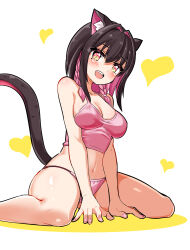 Rule 34 | 1girl, animal ears, black hair, braid, breasts, camisole, cat ears, cat girl, cat tail, commentary, cougar (cougar1404), cropped shirt, hair intakes, hair tie, heart, leo (cougar1404), looking at viewer, medium breasts, multicolored hair, navel, open mouth, original, panties, pink camisole, pink hair, pink panties, short hair, side braids, sitting, smile, solo, tail, twin braids, two-tone hair, underwear, underwear only, wariza, white background, yellow eyes