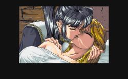 1990s_(style) 2girls game_cg kiss kuro_no_ken multiple_girls pc98 pp_disk retro_artstyle saliva tagme yokota_mamoru yuri