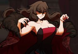 Rule 34 | 1girl, bare shoulders, black eyes, blurry, blurry background, breasts, brown hair, centurii-chan (artist), cleavage, closed mouth, coat, collarbone, commentary, dress, english commentary, fur-trimmed coat, fur trim, highres, large breasts, long hair, original, red nails, solo, strapless, strapless dress
