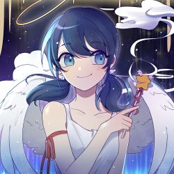Rule 34 | 1girl, angel wings, arm ribbon, bare arms, blue eyes, blue hair, blush, halo, killua gon, low twintails, marinette dupain-cheng, miraculous ladybug, ribbon, sky, sleeveless, smile, solo, star (sky), star (symbol), starry sky, twintails, wand, wings