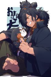 Rule 34 | 1boy, animal, animal in clothes, animal on head, animalization, text background, beard, black fur, black hair, blue background, brown scarf, commentary request, dog, echo (circa), facial hair, fate/grand order, fate/type redline, fate (series), feet out of frame, hair over one eye, hakama, japanese clothes, kimono, koha-ace, long hair, long sleeves, looking at another, male focus, multicolored background, okada izou (dog) (fate), okada izou (fate), on head, pomeranian (dog), ponytail, scarf, simple background, sitting, smile, solo, teeth, white background, yellow eyes