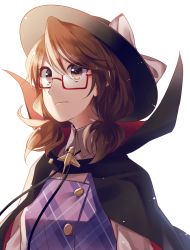 Rule 34 | 1girl, black cape, black hat, bow, brown eyes, brown hair, cape, closed mouth, collared shirt, fedora, glasses, hat, hat bow, hat ornament, kaede (mmkeyy), long sleeves, low twintails, purple vest, red-framed eyewear, semi-rimless eyewear, serious, shirt, simple background, solo, touhou, twintails, under-rim eyewear, upper body, usami sumireko, vest, white background, white bow, white shirt, wing collar