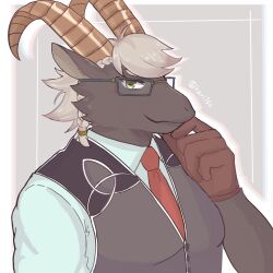 Rule 34 | 1boy, black fur, black vest, blush, braid, celtic knot, furry, furry male, glasses, gloves, goat boy, goat horns, green eyes, green shirt, hand on own chin, harino (hari10o), highres, horns, looking at viewer, male focus, necktie, polo shirt, red gloves, red necktie, shirt, solo, tanngrisnir (housamo), tokyo houkago summoners, vest, white hair
